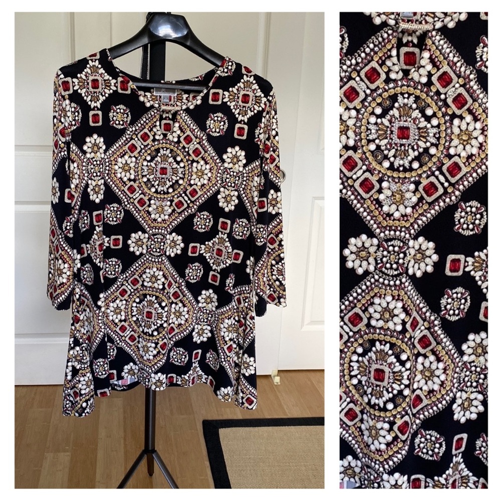 JM Collection Tunic with Red, Gold and White Graphic Design on Black
